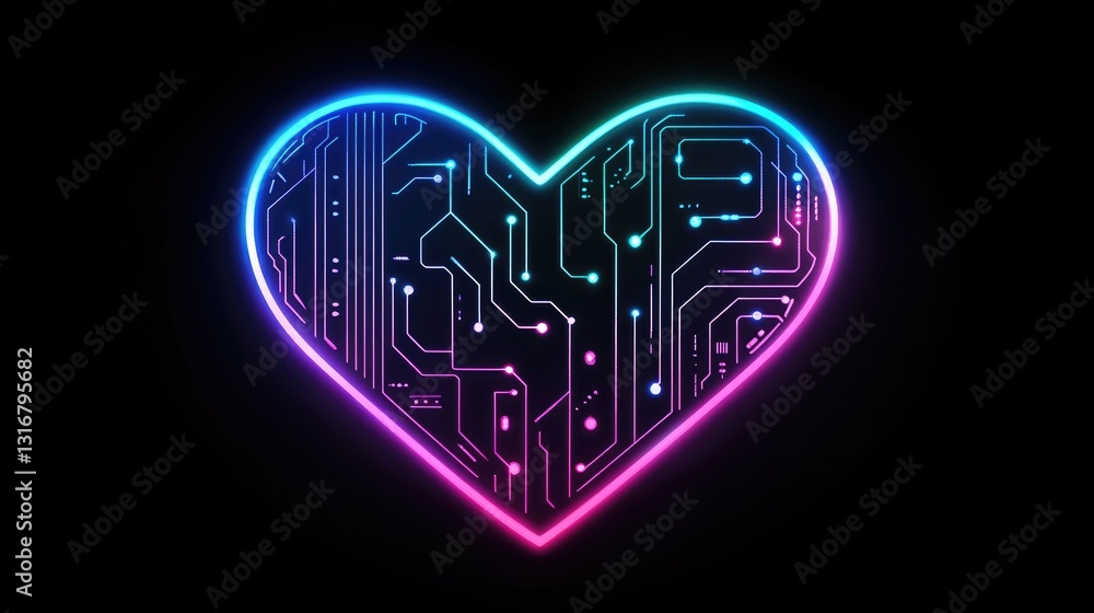 Poster neon heart shape with circuit pattern on dark background symbolizing technology and love in digital 