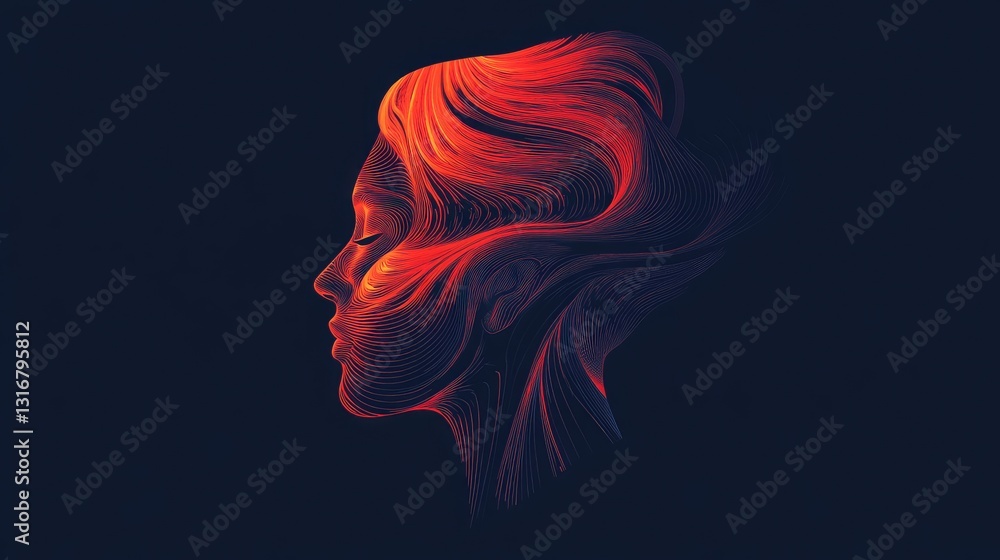 Poster abstract profile of a woman with flowing hair created in vibrant colors and intricate line patterns 