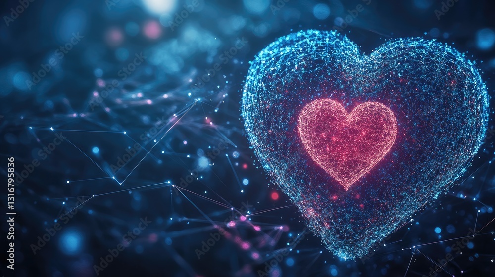 Poster abstract digital heart shape created with glowing particles and colorful lights on a blurred dark ba