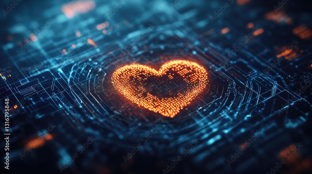 Poster digital heart graphic with circuitry background for technology and connection theme