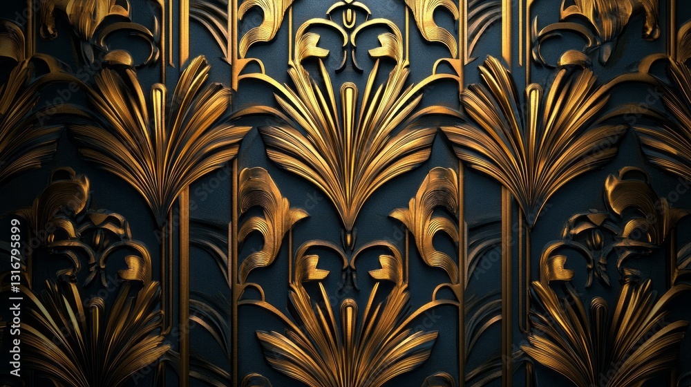 Poster elegant golden motifs of leaves intertwine against a rich blue background, displaying the mastery of