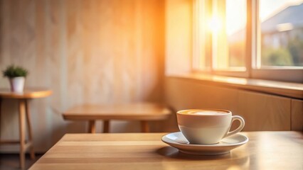 Warm Morning Light Illuminates a Single Cup of Coffee on a Wooden Table in a Cozy Cafe Setting