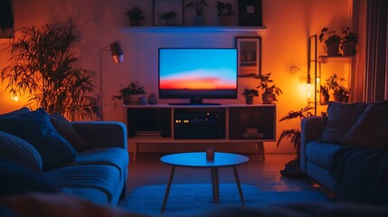 Cozy living room, sunset TV glow