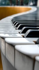 a winding path made of white and black piano keys, leading to the horizon in a curve
