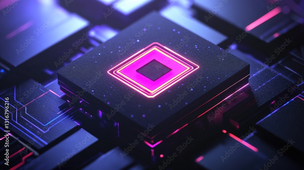 Poster high-tech microchip with neon glow in futuristic circuit board design