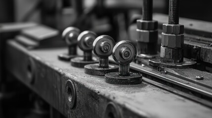 Close-up of Industrial Machinery: A Monochromatic View of Metal Components