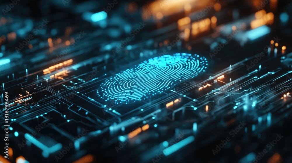 Poster abstract technology background with digital fingerprint and circuit patterns in blue and orange tone
