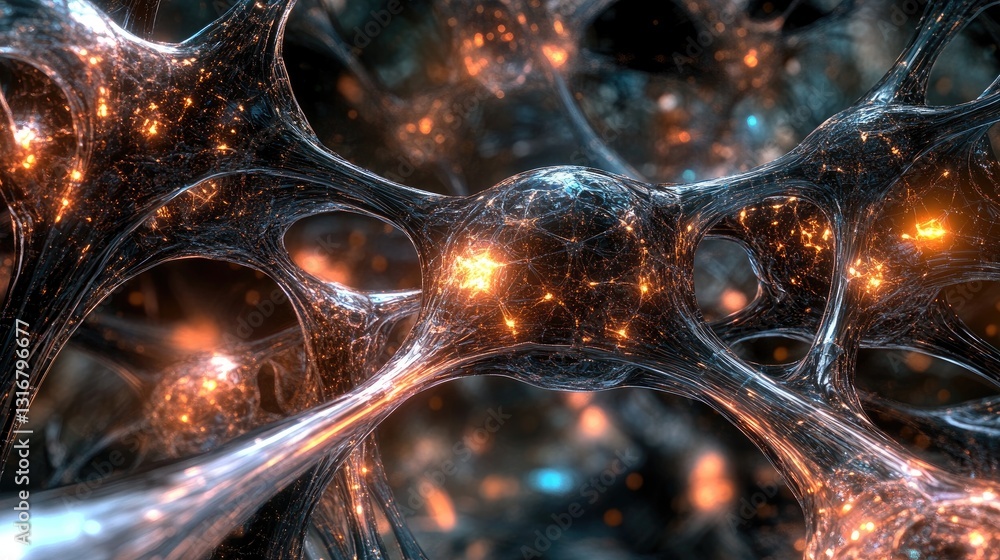 Poster intricate network of neurons with glowing synapses in a digital representation of brain activity