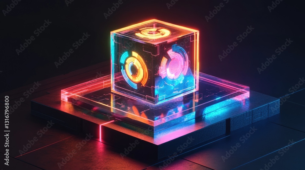 Poster futuristic neon light cube with glowing elements on a tech-inspired platform