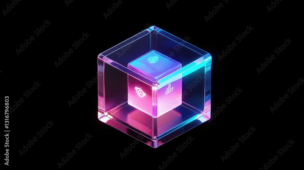 Poster futuristic glowing cube design with vibrant neon colors and illuminated symbols on a black backgroun