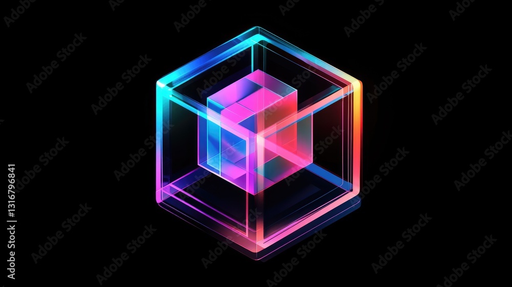 Poster colorful abstract 3d cube design with neon glow against dark background for modern digital art and c