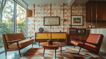 A cozy mid-century modern living room with stylish furniture and vibrant decor.
