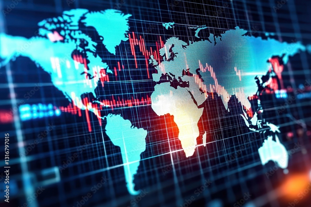 Poster international and global supply chain management. digital world map with financial data overlays and