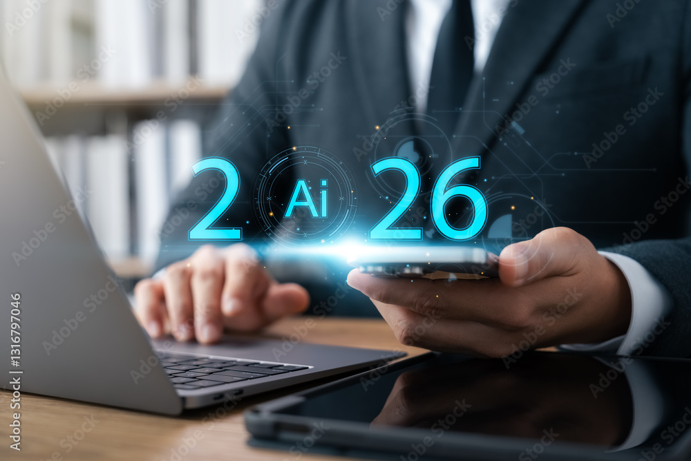 Poster ai-driven business transformation in 2026, businessman using laptop and tablet to develop strategic 
