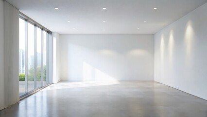 Fototapeta premium Modern Minimalist Empty Room with Large Window and Polished Concrete Floor Ideal for Display and Design