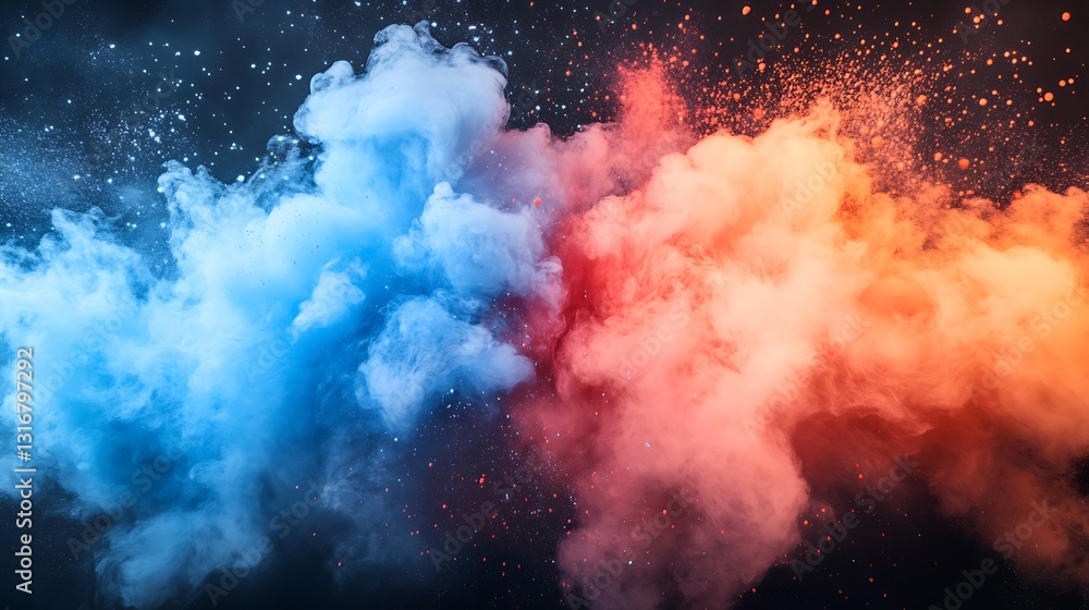 Poster a vibrant explosion of blue and orange smoke with particles, creating a dynamic visual effect.