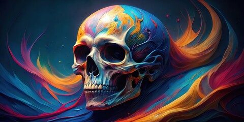 Vibrant Hues and Skeletal Form An Abstract Artistic Depiction of a Skull Immersed in a Whirlwind of Color