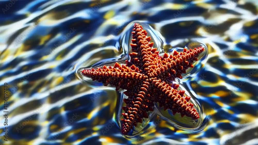 Poster red starfish floating on a gently moving and transparent water surface creating beautiful caustics