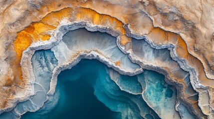Thermal spring aerial. Terraced pools, blue water, yellow edges