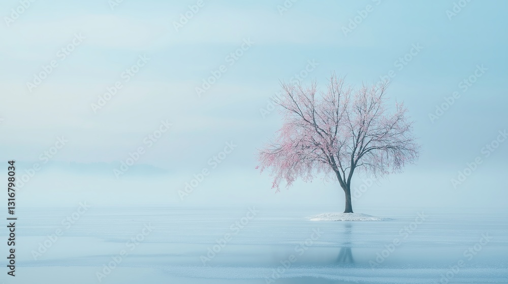 Poster a lone sakura tree standing in the middle of a frozen lake