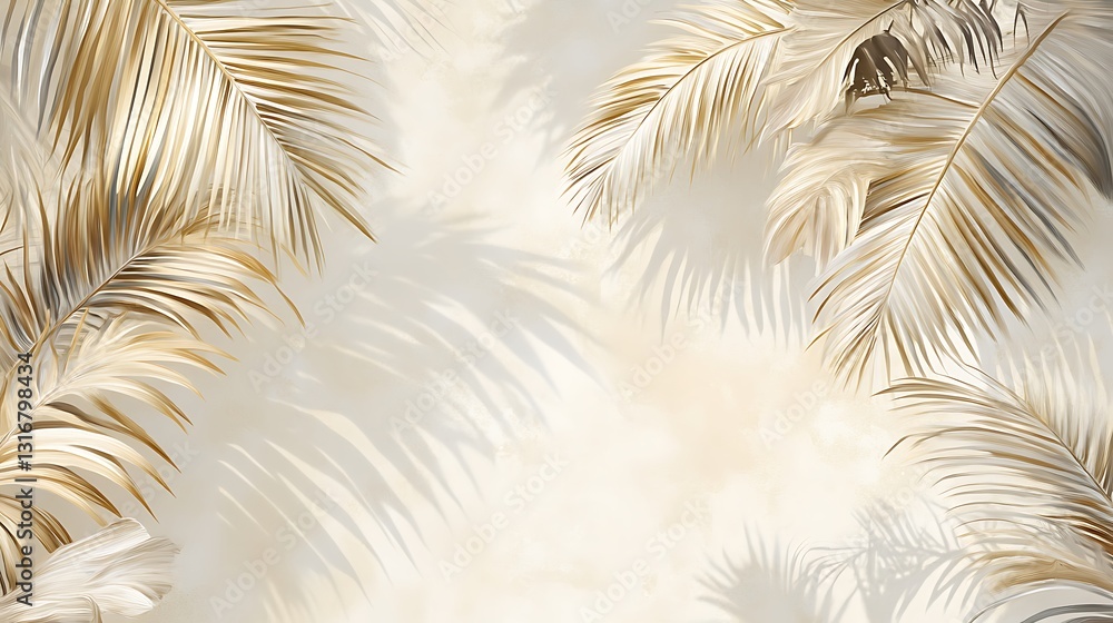 Poster a serene background featuring elegant palm leaves and soft shadows on a light surface.