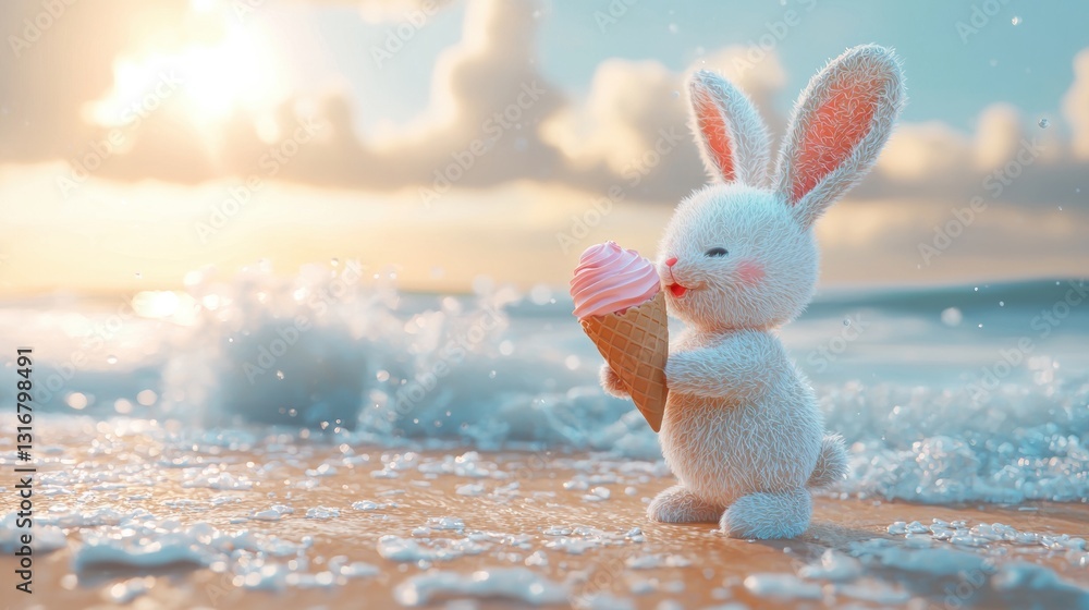 Poster adorable white bunny enjoying ice cream cone on a beach at sunset with gentle waves and soft clouds 
