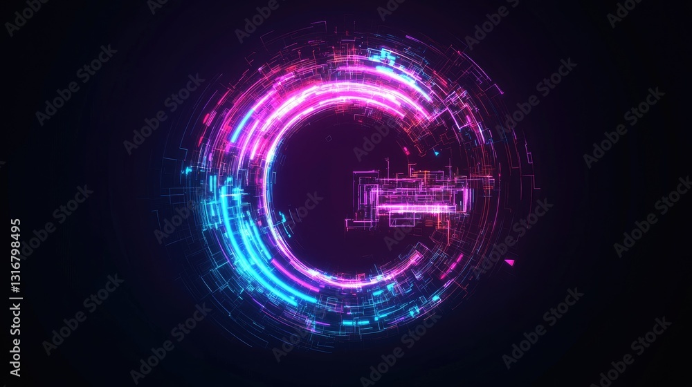 Poster abstract futuristic design with glowing vibrant circles and digital elements on dark background for 