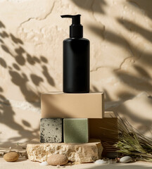Background, mock up for placing cosmetic products, surrounded by an earthy, natural-themed setting with stones, dry grass, and a textured background