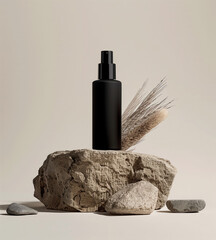 Background, mock up for placing cosmetic products, surrounded by an earthy, natural-themed setting with stones, dry grass, and a textured background