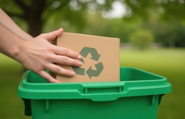 Recycling action disposing cardboard box in green bin park daylight