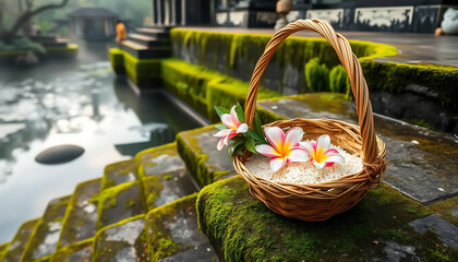 Fototapeta premium Balinese Offering Basket Mockup for Spiritual Branding