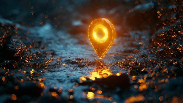 Location pin on dark, rocky surface with glowing red light, navigation concept