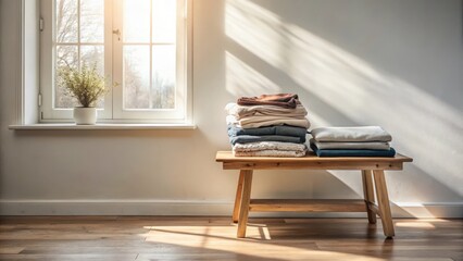 Neatly Stacked Soft Garments Resting on a Wooden Bench by a Sunlit Window in a Room with Hardwood Floors