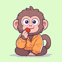 Cute Monkey Eating Cherry, Light Green Background