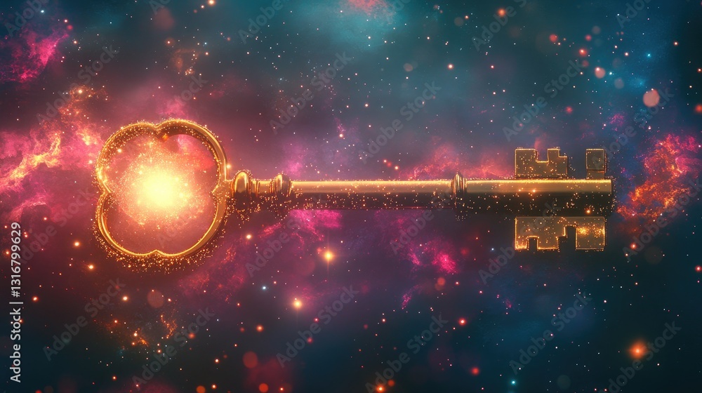 Poster sparkling cosmic key floating in a colorful nebula of stars and galaxies