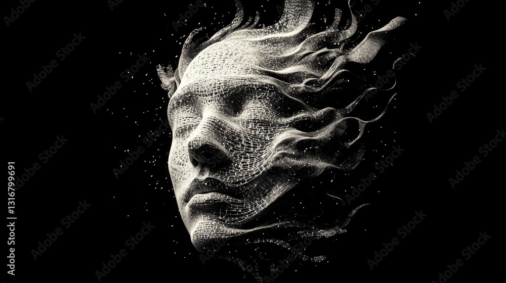 Poster ethereal portrait of a face surrounded by flowing particles and abstract textures in a dark atmosphe