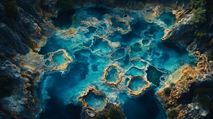 Turquoise pools amidst rugged terrain, top-down view. Lush foliage at edges