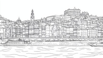 Fototapeta premium River Cityscape Line Drawing - A detailed line drawing of a European city along a river, featuring buildings, bridges, and boats. Perfect for coloring
