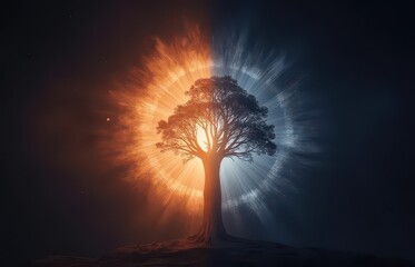 Tree symbolizing balance in a mystic duality landscape art