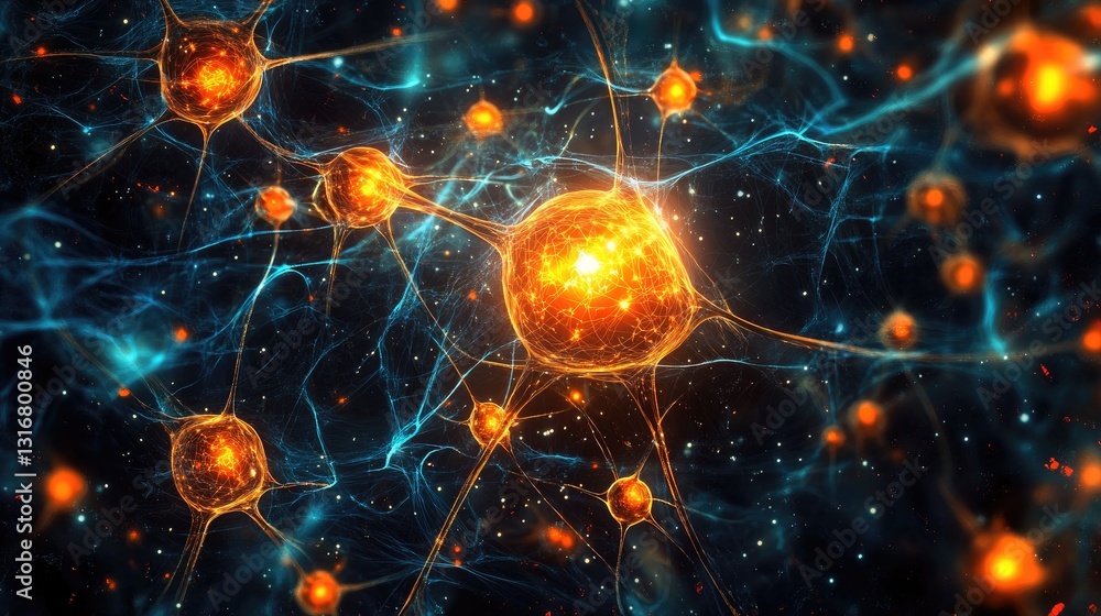 Poster brightly glowing neurons in a dark cosmic background depicting neural networks and brain connectivit