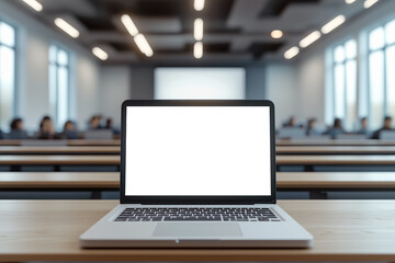 A high-resolution image of a laptop with a blank white screen placed on a desk in a modern lecture hall.