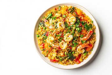Paella  with saffron-infused rice seafood and vegetables on a white background