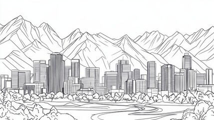 Salt Lake City Skyline Line Art Coloring Page - Single line drawing of Salt Lake City skyline, mountains, trees, river, urban landscape; symbolizing nature, city life, progress, tranquility