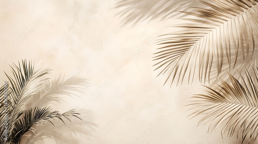 Poster a serene backdrop featuring palm leaves casting shadows on a textured light surface.