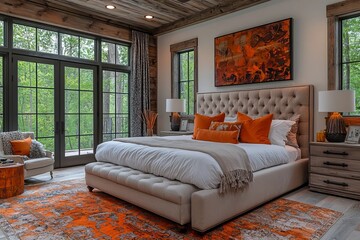 Fototapeta premium Cozy modern bedroom with a plush bed, vibrant orange accents, and large windows overlooking nature, perfect for relaxation and stylish living.