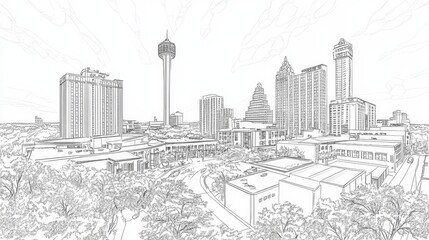 San Antonio Skyline Line Art Drawing - Single line drawing of San Antonio Texas skyline, depicting urban architecture, tourism, history, and Texas culture. Coloring page