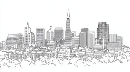 Fototapeta premium San Francisco Skyline Drawing - Single line drawing of San Francisco cityscape, showcasing skyscrapers, hills, and trees. Symbolizing urban life, architecture, nature, California, and cityscapes