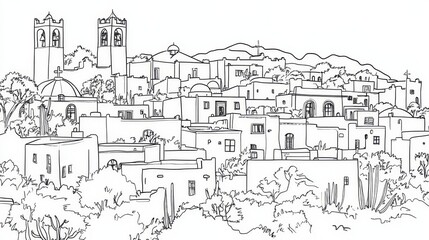 Obraz premium Santa Fe New Mexico Line Art Coloring Page - Single line drawing of Santa Fe, New Mexico architecture, showcasing adobe buildings, churches, and hills; symbolizing history, culture, art, landscape