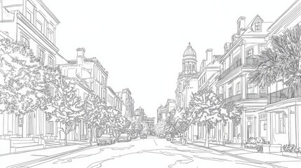 Savannah Georgia Street Scene Line Drawing - Single line drawing of a Savannah street, symbolizing history, architecture, tranquility, nature, and Southern charm