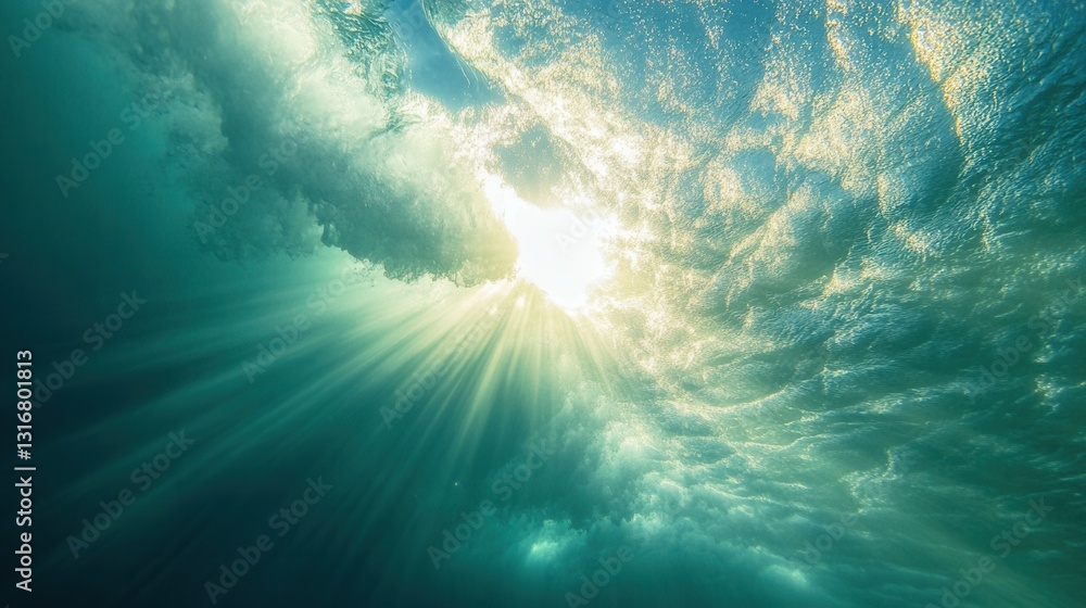 Poster underwater sunburst: an awe-inspiring view from beneath the ocean's surface, where sun rays pierce t